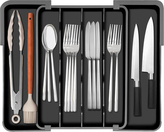 Silverware Organizer - Expandable Kitchen Drawer Organizer Utensil Holder, BPA Free Flatware and Cutlery Tray for Spoons Forks Knives, Plastic Kitchen Organizer and Storage