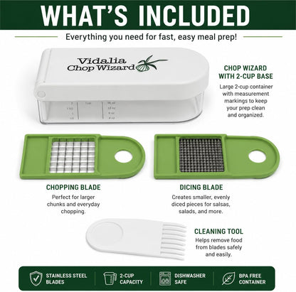 Vidalia Chop Wizard Vegetable Chopper – Original As Seen On TV Food Dicer with 2 Stainless Steel Blades, Large 2-Cup Container, Cleaning Tool, Dishwasher Safe Onion & Vegetable and Fruit Cutter