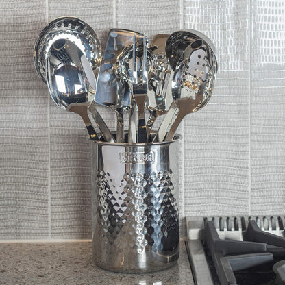 Kitchen Utensil Holder, Hammered Stainless Steel Kitchen Utensils Organizer Crock, Counter Top Storage, Cooking Accessories, Silver