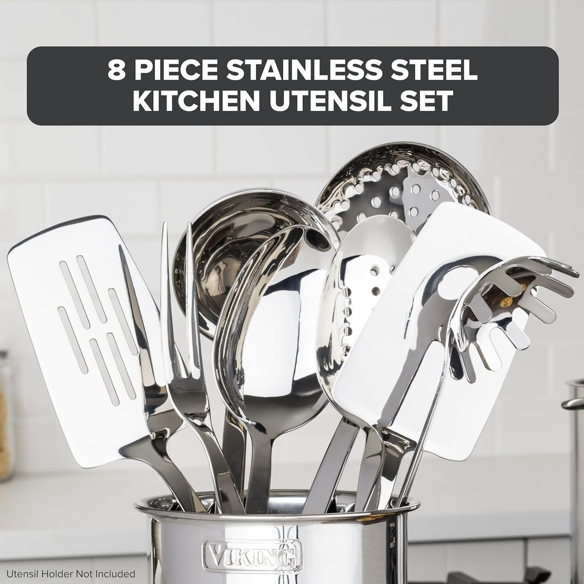 Kitchen Utensil Holder, Hammered Stainless Steel Kitchen Utensils Organizer Crock, Counter Top Storage, Cooking Accessories, Silver