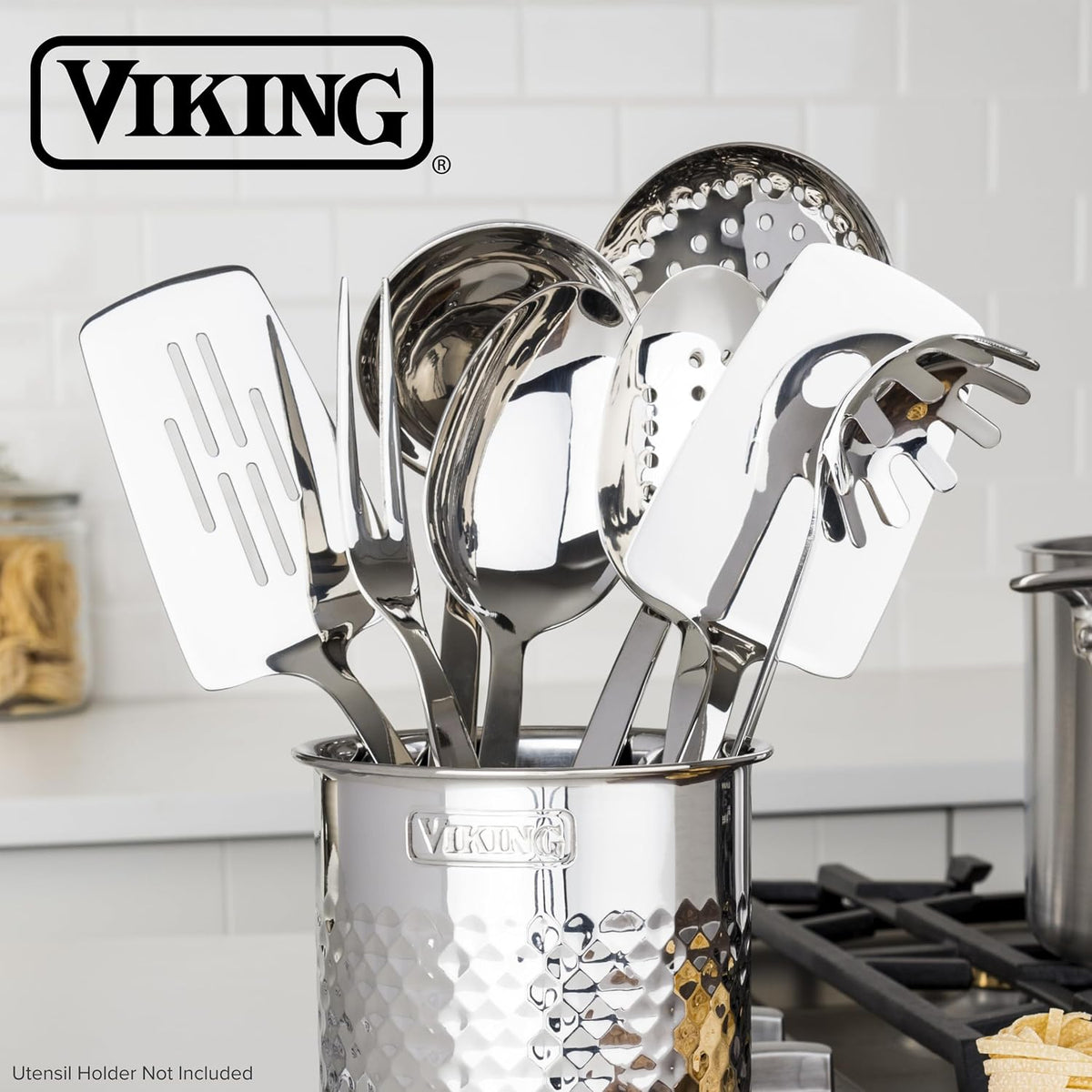 Kitchen Utensil Holder, Hammered Stainless Steel Kitchen Utensils Organizer Crock, Counter Top Storage, Cooking Accessories, Silver