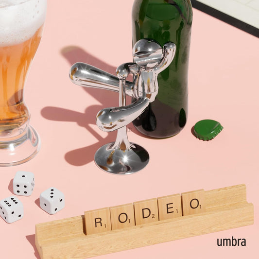 Rodeo Buddy Bottle Opener with Stand, Chrome | Built-in stand, easy display, convenient storage, accessible bar tool