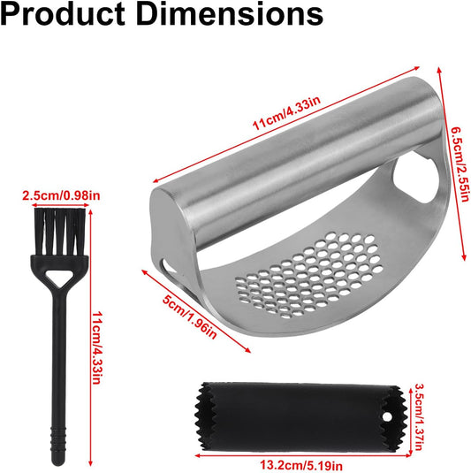Stainless Steel Hand Garlic Rocker Presser Set, Garlic Press Smasher with Plastic Peeler Roller and Brush Ginger Crusher Mincer Cutter Supplies for Kitchen Dicer Chopper Grater Gadgets