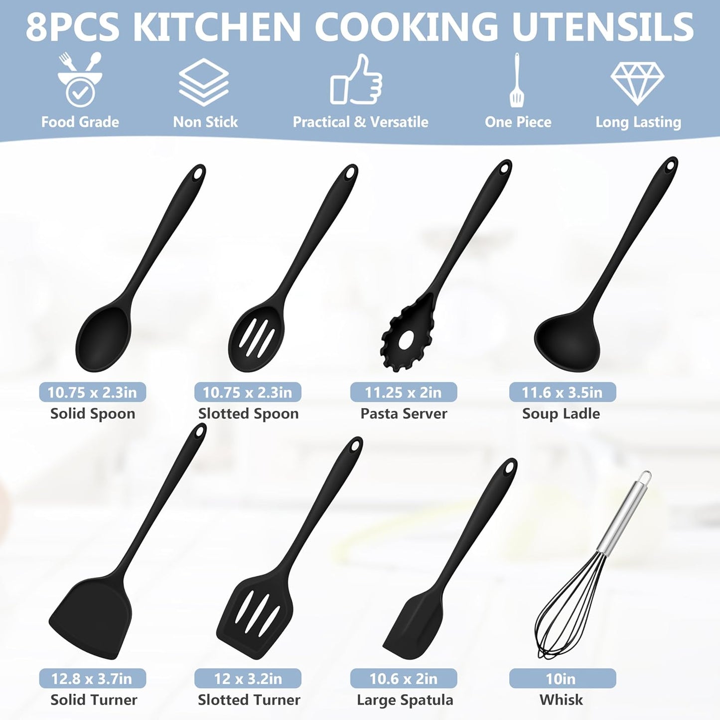 Silicone Cooking Utensils Set, 8 PCS Kitchen Utensils Set, 446°F Heat Resistant, Turner, Spatula, Spoon, Whisk, Kitchen Cooking Gadgets Tools for Nonstick Cookware, Dishwasher Safe-Black