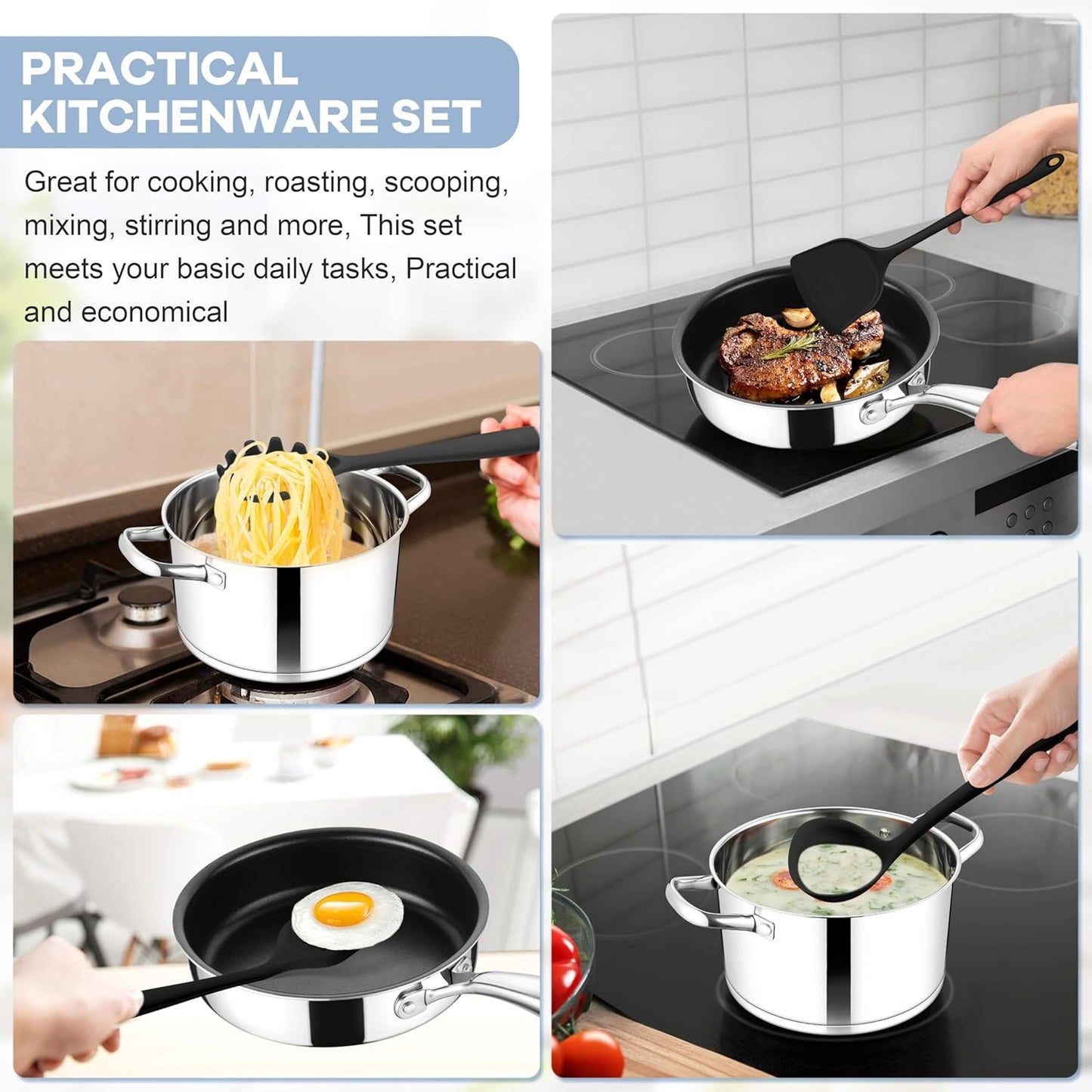 Silicone Cooking Utensils Set, 8 PCS Kitchen Utensils Set, 446°F Heat Resistant, Turner, Spatula, Spoon, Whisk, Kitchen Cooking Gadgets Tools for Nonstick Cookware, Dishwasher Safe-Black