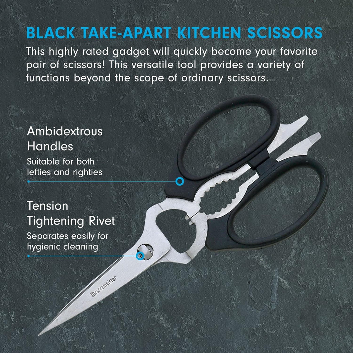 8-Inch Take-Apart Kitchen Scissors, Black - Includes Screwdriver, Nut Cracker, Jar Lid Opener/Gripper, Bottle Opener & Bone + Twig Cutter - Suitable for Lefties & Righties