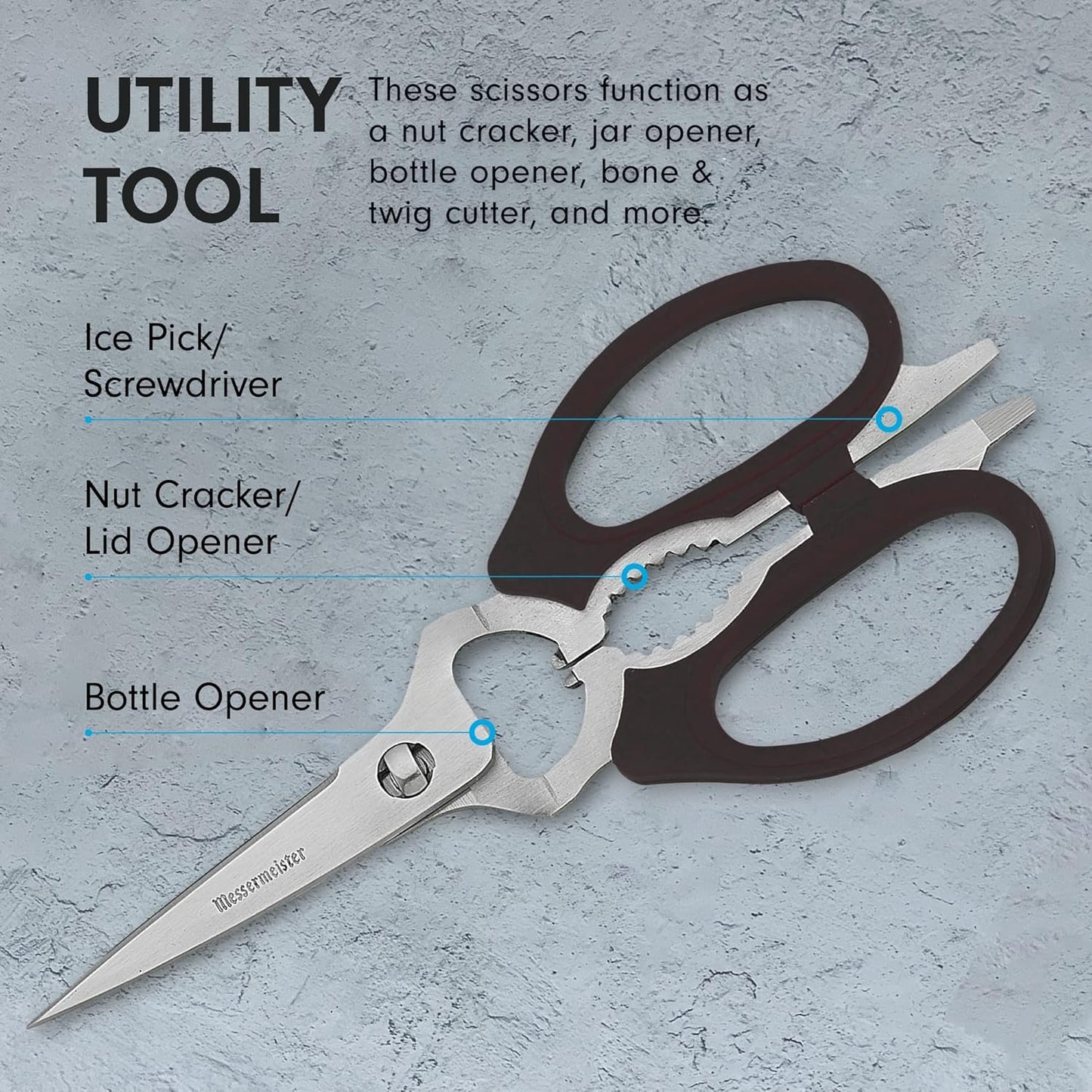 8-Inch Take-Apart Kitchen Scissors, Black - Includes Screwdriver, Nut Cracker, Jar Lid Opener/Gripper, Bottle Opener & Bone + Twig Cutter - Suitable for Lefties & Righties