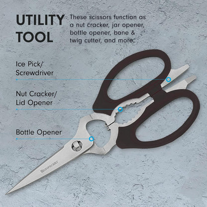 8-Inch Take-Apart Kitchen Scissors, Black - Includes Screwdriver, Nut Cracker, Jar Lid Opener/Gripper, Bottle Opener & Bone + Twig Cutter - Suitable for Lefties & Righties