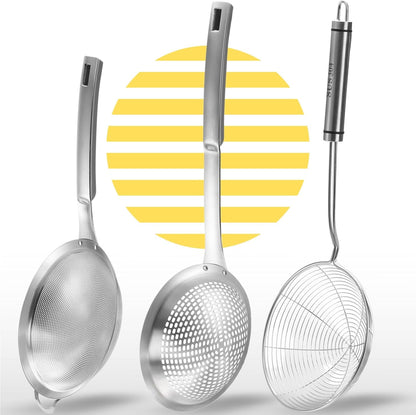 Spider Strainer Set of - Stainless Steel Frying Spoons for Cooking Skimmer Ladle for Oil Fryer Pasta and Fat Durable Strainer Scoop Kitchen Utensil for Frying and Draining