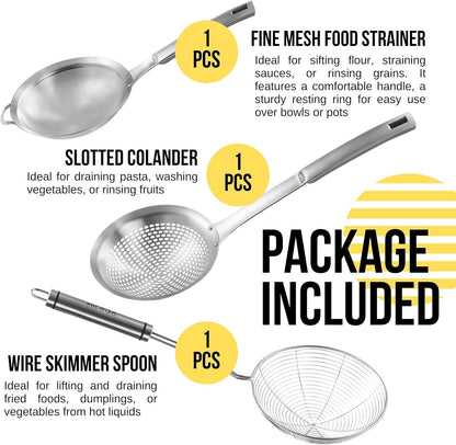 Spider Strainer Set of - Stainless Steel Frying Spoons for Cooking Skimmer Ladle for Oil Fryer Pasta and Fat Durable Strainer Scoop Kitchen Utensil for Frying and Draining