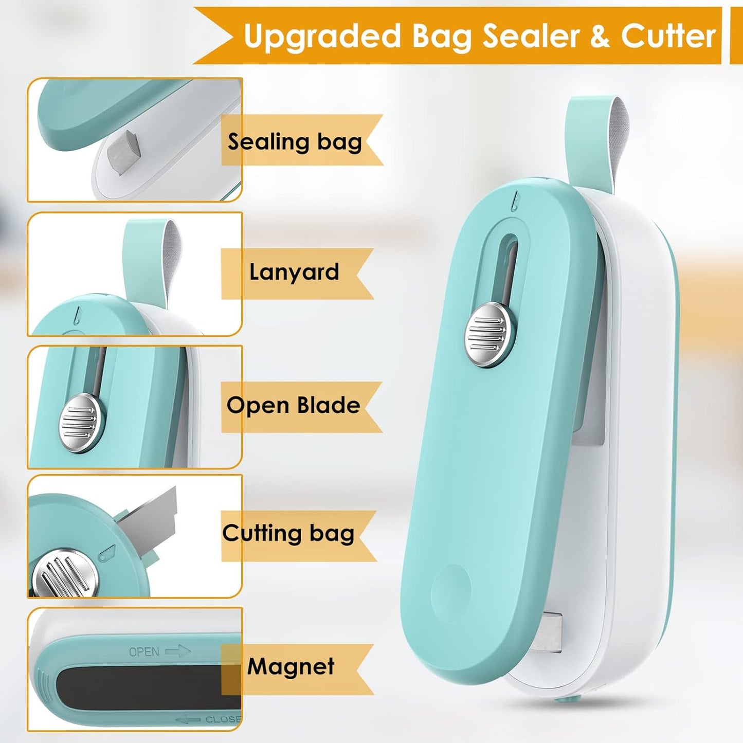 Mini Bag Sealer, 2 in 1 Bag Sealer Heat Seal with Cutter and with Lanyard, Mini Bag Resealer Machine for Plastic Bags Snack Bags Food Storage (Batteries Included)