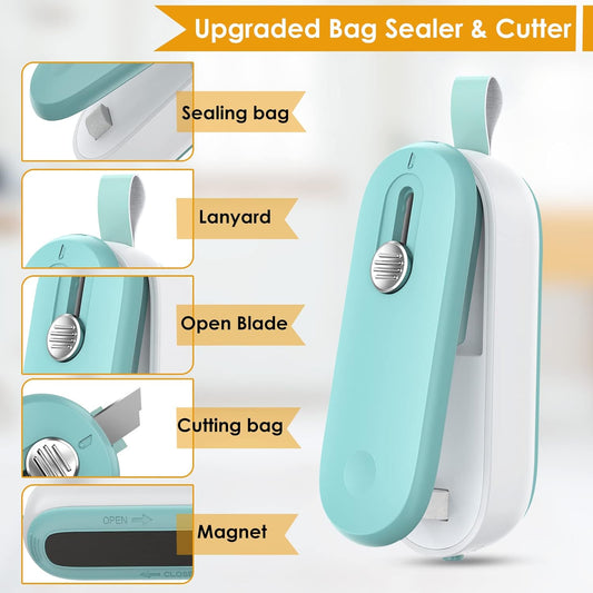 Mini Bag Sealer, 2 in 1 Bag Sealer Heat Seal with Cutter and with Lanyard, Mini Bag Resealer Machine for Plastic Bags Snack Bags Food Storage (Batteries Included)