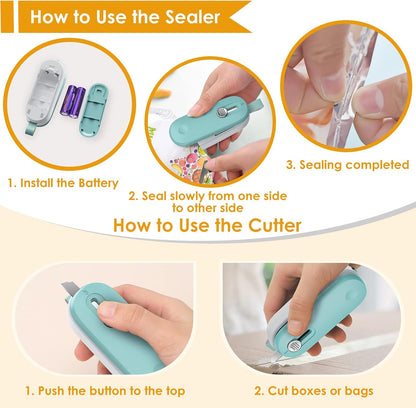 Mini Bag Sealer, 2 in 1 Bag Sealer Heat Seal with Cutter and with Lanyard, Mini Bag Resealer Machine for Plastic Bags Snack Bags Food Storage (Batteries Included)