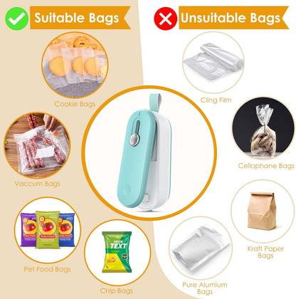 Mini Bag Sealer, 2 in 1 Bag Sealer Heat Seal with Cutter and with Lanyard, Mini Bag Resealer Machine for Plastic Bags Snack Bags Food Storage (Batteries Included)