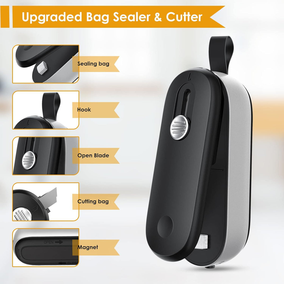 Mini Bag Sealer, 2 in 1 Bag Sealer Heat Seal with Cutter and with Lanyard, Mini Bag Resealer Machine for Plastic Bags Snack Bags Food Storage (Batteries Included)