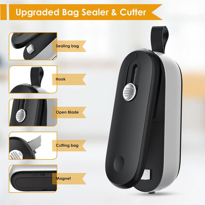 Mini Bag Sealer, 2 in 1 Bag Sealer Heat Seal with Cutter and with Lanyard, Mini Bag Resealer Machine for Plastic Bags Snack Bags Food Storage (Batteries Included)