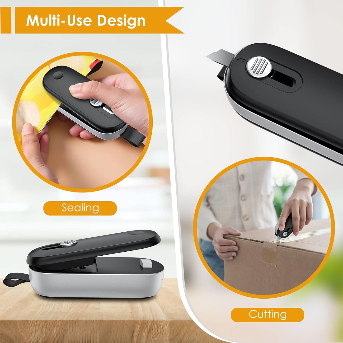 Mini Bag Sealer, 2 in 1 Bag Sealer Heat Seal with Cutter and with Lanyard, Mini Bag Resealer Machine for Plastic Bags Snack Bags Food Storage (Batteries Included)