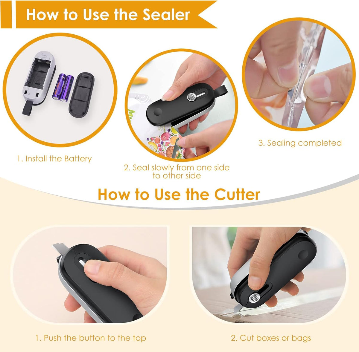 Mini Bag Sealer, 2 in 1 Bag Sealer Heat Seal with Cutter and with Lanyard, Mini Bag Resealer Machine for Plastic Bags Snack Bags Food Storage (Batteries Included)