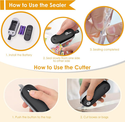 Mini Bag Sealer, 2 in 1 Bag Sealer Heat Seal with Cutter and with Lanyard, Mini Bag Resealer Machine for Plastic Bags Snack Bags Food Storage (Batteries Included)