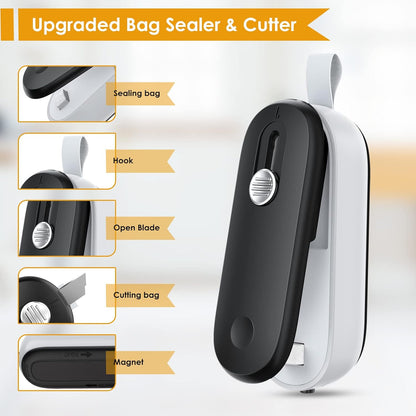 Mini Bag Sealer, 2 in 1 Bag Sealer Heat Seal with Cutter and with Lanyard, Mini Bag Resealer Machine for Plastic Bags Snack Bags Food Storage (Batteries Included)