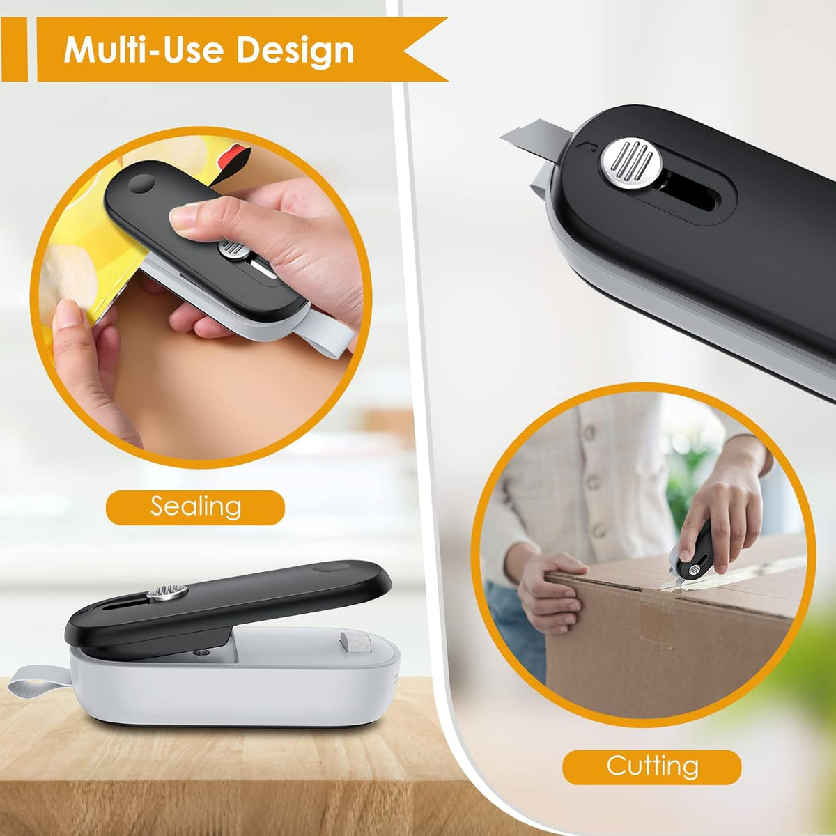 Mini Bag Sealer, 2 in 1 Bag Sealer Heat Seal with Cutter and with Lanyard, Mini Bag Resealer Machine for Plastic Bags Snack Bags Food Storage (Batteries Included)