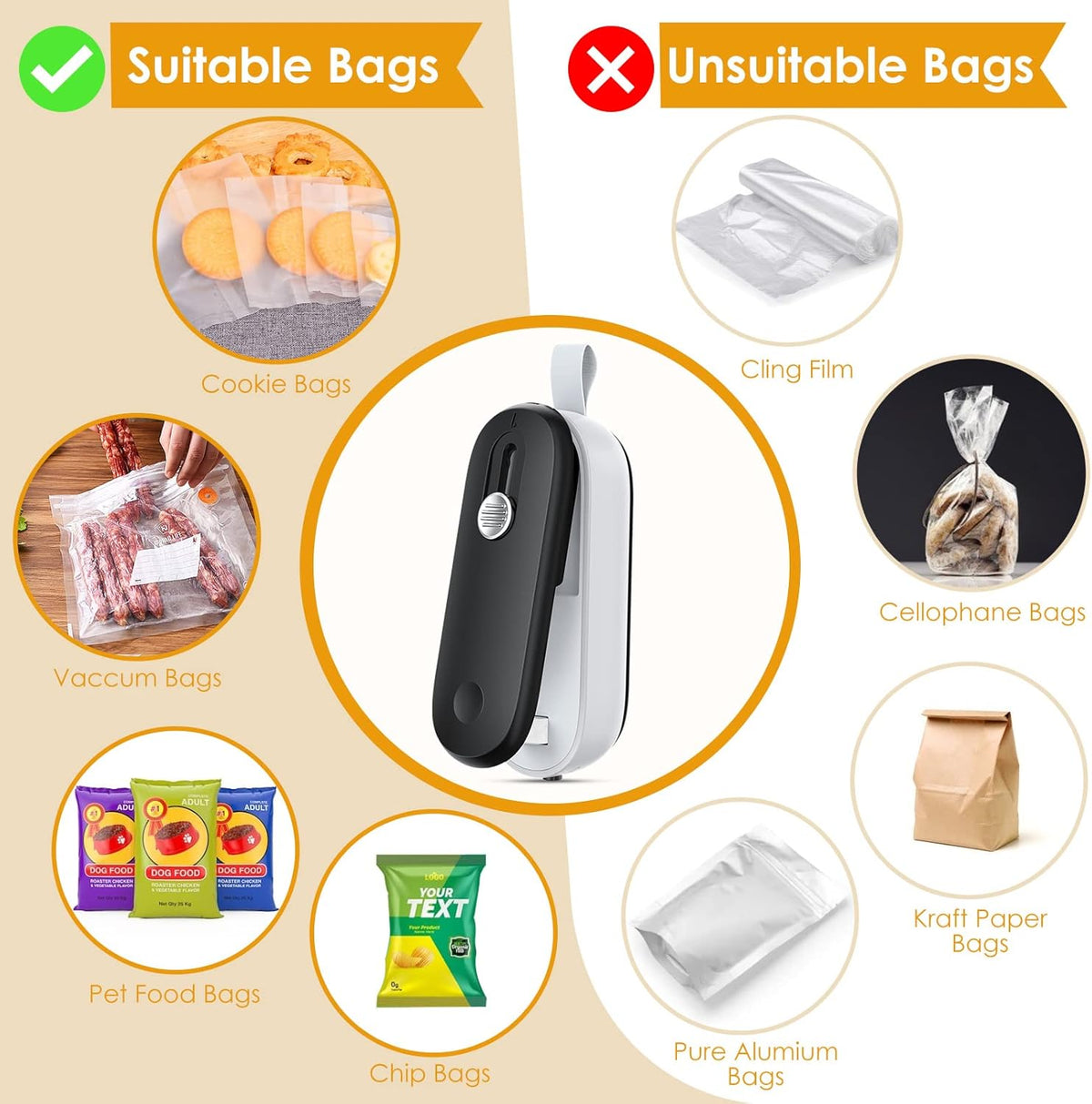 Mini Bag Sealer, 2 in 1 Bag Sealer Heat Seal with Cutter and with Lanyard, Mini Bag Resealer Machine for Plastic Bags Snack Bags Food Storage (Batteries Included)