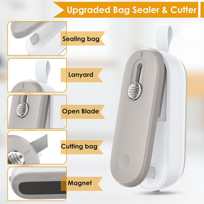Mini Bag Sealer, 2 in 1 Bag Sealer Heat Seal with Cutter and with Lanyard, Mini Bag Resealer Machine for Plastic Bags Snack Bags Food Storage (Batteries Included)