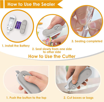 Mini Bag Sealer, 2 in 1 Bag Sealer Heat Seal with Cutter and with Lanyard, Mini Bag Resealer Machine for Plastic Bags Snack Bags Food Storage (Batteries Included)