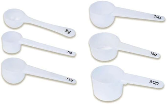 Measure spoons | measuring spoons set of 6 | exact dosing 3 gram scoop, 5 gram scoop, 7,5g, 10g, 15g, 30g | kitchen measuring set for powder and liquids | plastic medicine spoon and cups