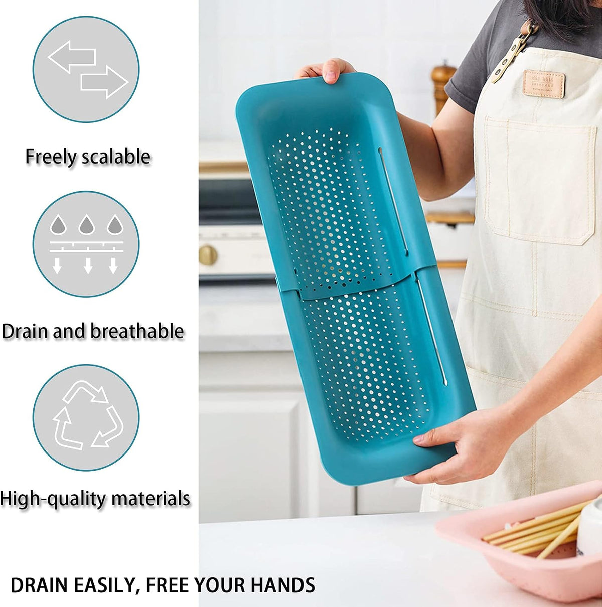 Collapsible Sink Colanders and Strainers Basket Over the Sink Colander Collapsible Colander Extendable Plastic Fruit Vegetable Strainer Drainer Basket for Kitchen(Length 14.3 inch-19.4 inch) (Pink)