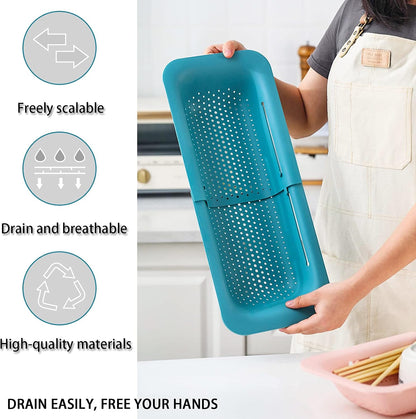 Collapsible Sink Colanders and Strainers Basket Over the Sink Colander Collapsible Colander Extendable Plastic Fruit Vegetable Strainer Drainer Basket for Kitchen(Length 14.3 inch-19.4 inch) (Pink)