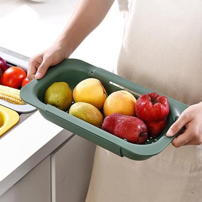 Collapsible Sink Colanders and Strainers Basket Over the Sink Colander Collapsible Colander Extendable Plastic Fruit Vegetable Strainer Drainer Basket for Kitchen(Length 14.3 inch-19.4 inch) (Pink)