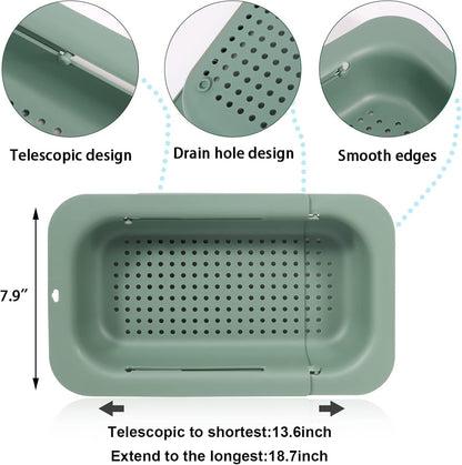 Collapsible Sink Colanders and Strainers Basket Over the Sink Colander Collapsible Colander Extendable Plastic Fruit Vegetable Strainer Drainer Basket for Kitchen(Length 14.3 inch-19.4 inch) (Pink)