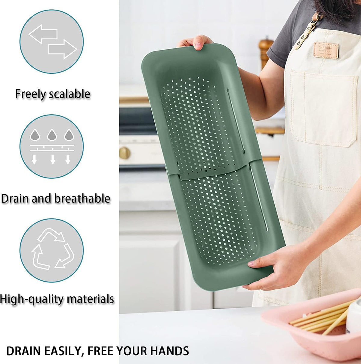 Collapsible Sink Colanders and Strainers Basket Over the Sink Colander Collapsible Colander Extendable Plastic Fruit Vegetable Strainer Drainer Basket for Kitchen(Length 14.3 inch-19.4 inch) (Pink)