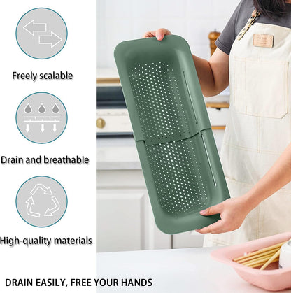 Collapsible Sink Colanders and Strainers Basket Over the Sink Colander Collapsible Colander Extendable Plastic Fruit Vegetable Strainer Drainer Basket for Kitchen(Length 14.3 inch-19.4 inch) (Pink)