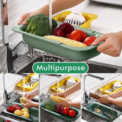 Collapsible Sink Colanders and Strainers Basket Over the Sink Colander Collapsible Colander Extendable Plastic Fruit Vegetable Strainer Drainer Basket for Kitchen(Length 14.3 inch-19.4 inch) (Pink)