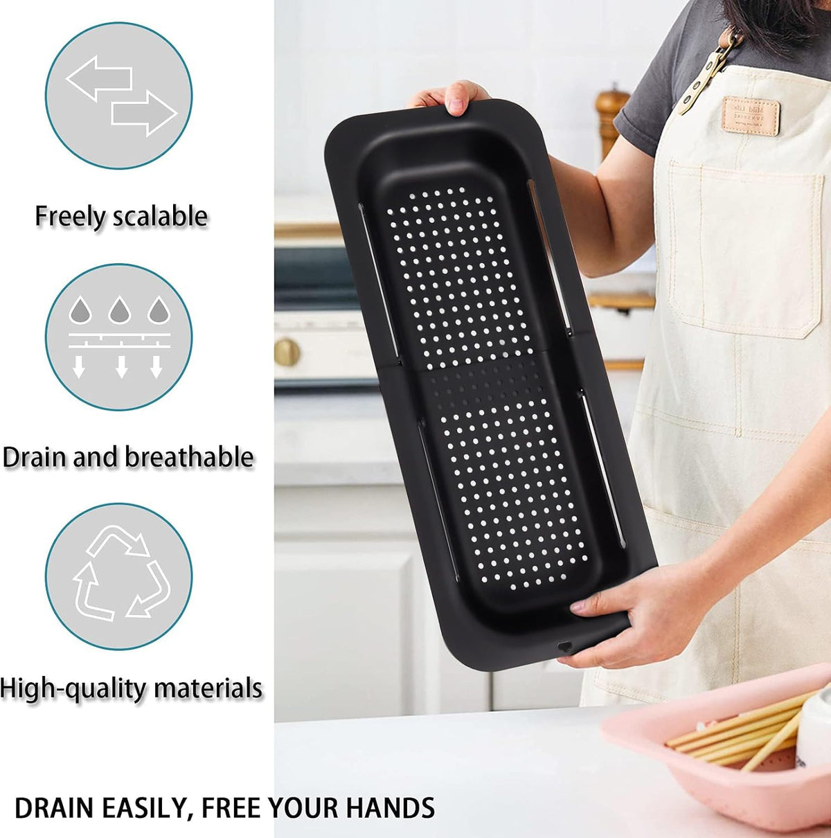 Collapsible Sink Colanders and Strainers Basket Over the Sink Colander Collapsible Colander Extendable Plastic Fruit Vegetable Strainer Drainer Basket for Kitchen(Length 14.3 inch-19.4 inch) (Pink)