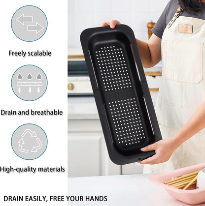Collapsible Sink Colanders and Strainers Basket Over the Sink Colander Collapsible Colander Extendable Plastic Fruit Vegetable Strainer Drainer Basket for Kitchen(Length 14.3 inch-19.4 inch) (Pink)