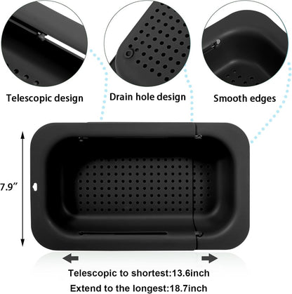 Collapsible Sink Colanders and Strainers Basket Over the Sink Colander Collapsible Colander Extendable Plastic Fruit Vegetable Strainer Drainer Basket for Kitchen(Length 14.3 inch-19.4 inch) (Pink)