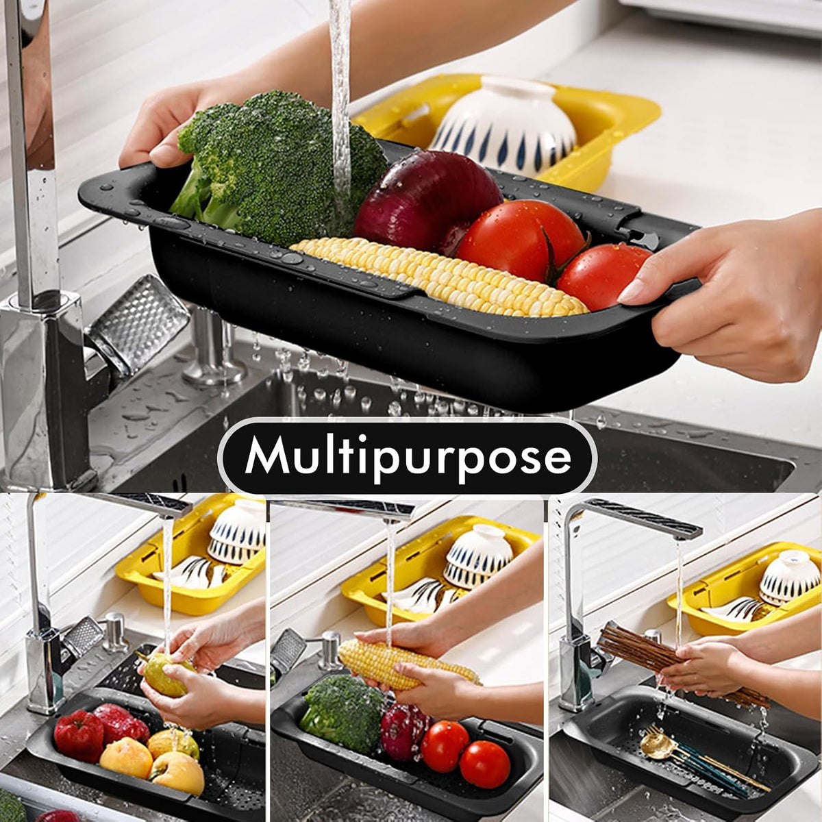 Collapsible Sink Colanders and Strainers Basket Over the Sink Colander Collapsible Colander Extendable Plastic Fruit Vegetable Strainer Drainer Basket for Kitchen(Length 14.3 inch-19.4 inch) (Pink)