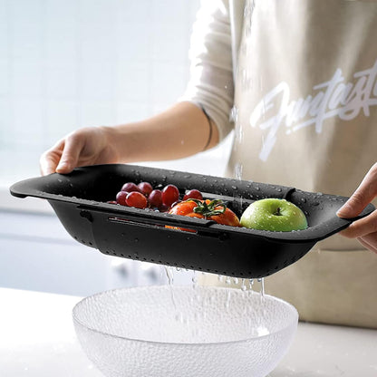 Collapsible Sink Colanders and Strainers Basket Over the Sink Colander Collapsible Colander Extendable Plastic Fruit Vegetable Strainer Drainer Basket for Kitchen(Length 14.3 inch-19.4 inch) (Pink)