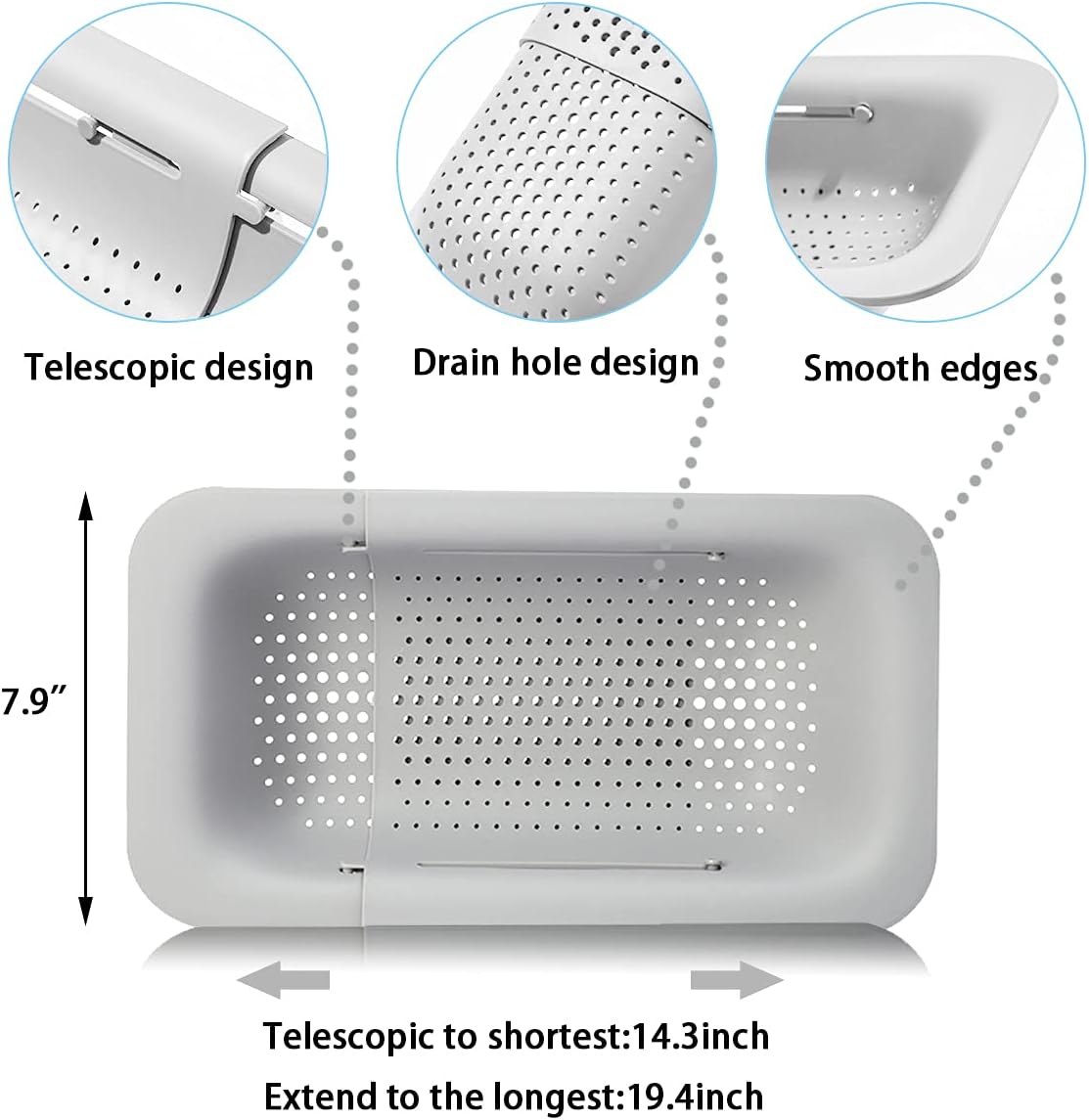 Collapsible Sink Colanders and Strainers Basket Over the Sink Colander Collapsible Colander Extendable Plastic Fruit Vegetable Strainer Drainer Basket for Kitchen(Length 14.3 inch-19.4 inch) (Pink)