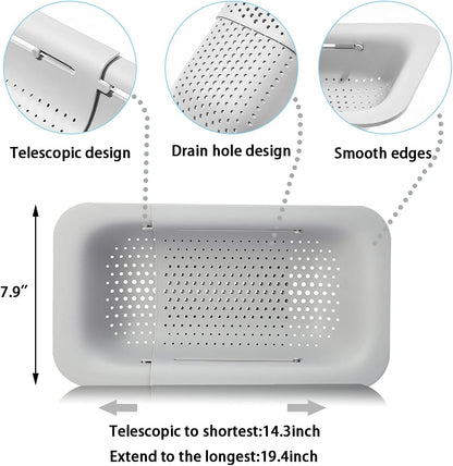 Collapsible Sink Colanders and Strainers Basket Over the Sink Colander Collapsible Colander Extendable Plastic Fruit Vegetable Strainer Drainer Basket for Kitchen(Length 14.3 inch-19.4 inch) (Pink)