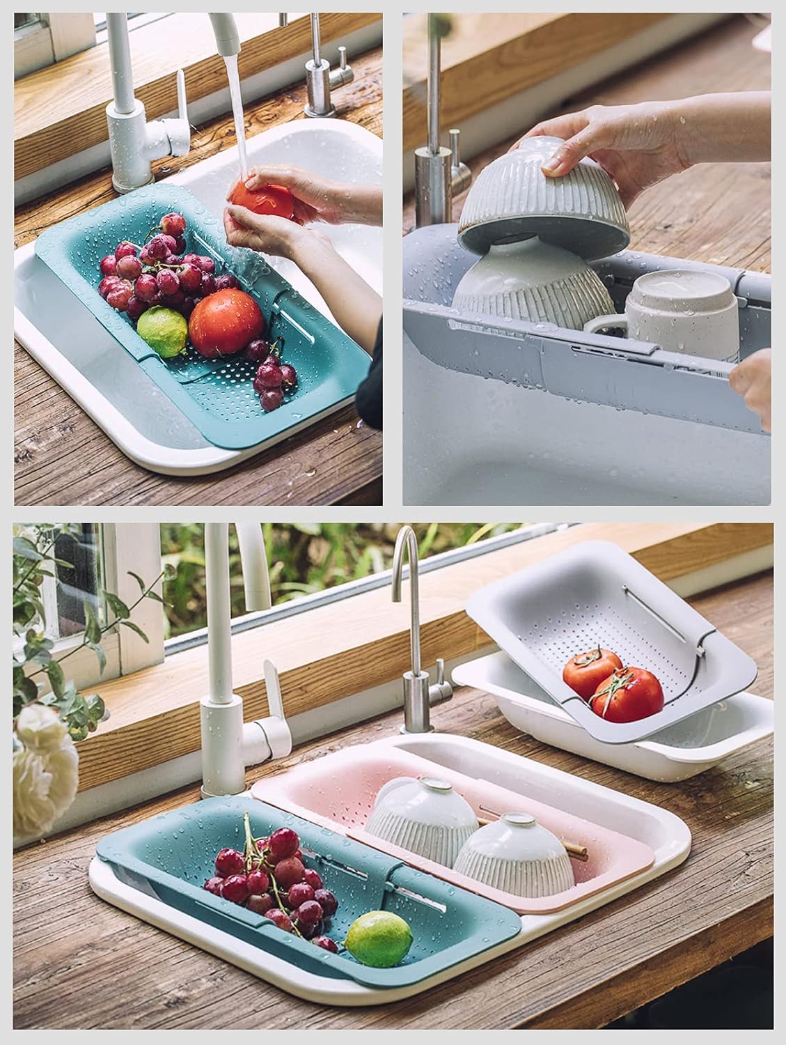 Collapsible Sink Colanders and Strainers Basket Over the Sink Colander Collapsible Colander Extendable Plastic Fruit Vegetable Strainer Drainer Basket for Kitchen(Length 14.3 inch-19.4 inch) (Pink)