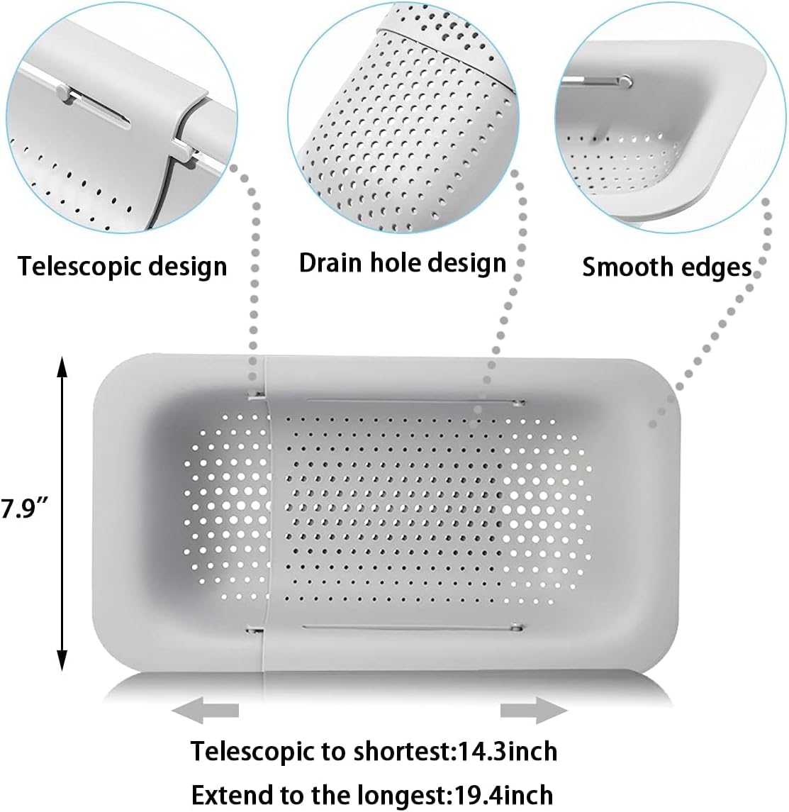 Collapsible Sink Colanders and Strainers Basket Over the Sink Colander Collapsible Colander Extendable Plastic Fruit Vegetable Strainer Drainer Basket for Kitchen(Length 14.3 inch-19.4 inch) (Pink)