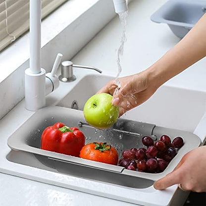 Collapsible Sink Colanders and Strainers Basket Over the Sink Colander Collapsible Colander Extendable Plastic Fruit Vegetable Strainer Drainer Basket for Kitchen(Length 14.3 inch-19.4 inch) (Pink)