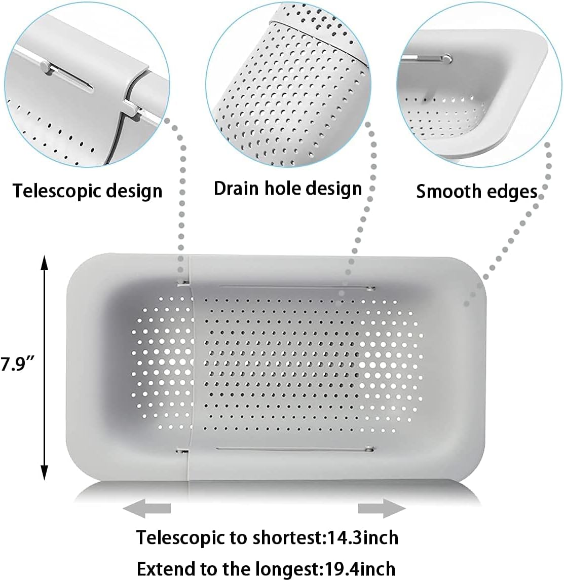 Collapsible Sink Colanders and Strainers Basket Over the Sink Colander Collapsible Colander Extendable Plastic Fruit Vegetable Strainer Drainer Basket for Kitchen(Length 14.3 inch-19.4 inch) (Pink)
