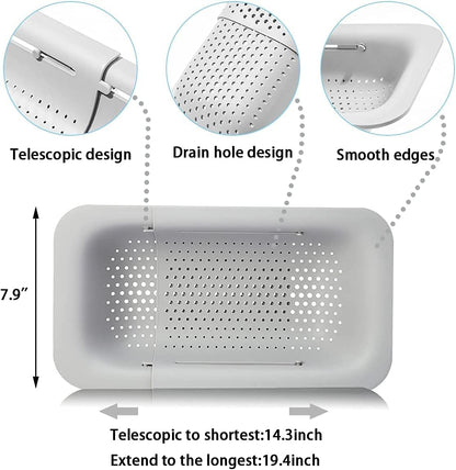 Collapsible Sink Colanders and Strainers Basket Over the Sink Colander Collapsible Colander Extendable Plastic Fruit Vegetable Strainer Drainer Basket for Kitchen(Length 14.3 inch-19.4 inch) (Pink)
