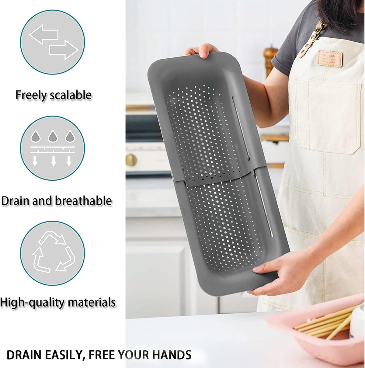 Collapsible Sink Colanders and Strainers Basket Over the Sink Colander Collapsible Colander Extendable Plastic Fruit Vegetable Strainer Drainer Basket for Kitchen(Length 14.3 inch-19.4 inch) (Pink)