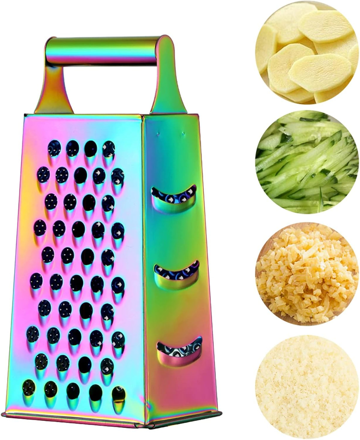 Rainbow Cheese Grater Handheld Grater for Kitchen, Stainless Steel 4 Sided Cheese Grater with Handle for Grinding Shredding & Slicing, Dishwasher Safe
